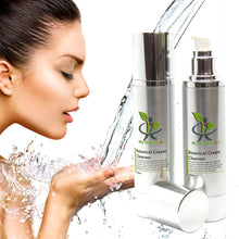 Load image into Gallery viewer, Woman washing her face under running water on the left 2 bottles with botanical cream cleanser
