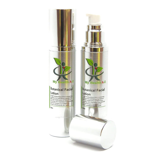 Two bottles of 'My Health A-Z' Botanical Facial Lotion on a white background
