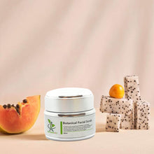 Load image into Gallery viewer, botanical facial scrub jar in the mittle on the left a Papaya on the right dragenfruit cuts
