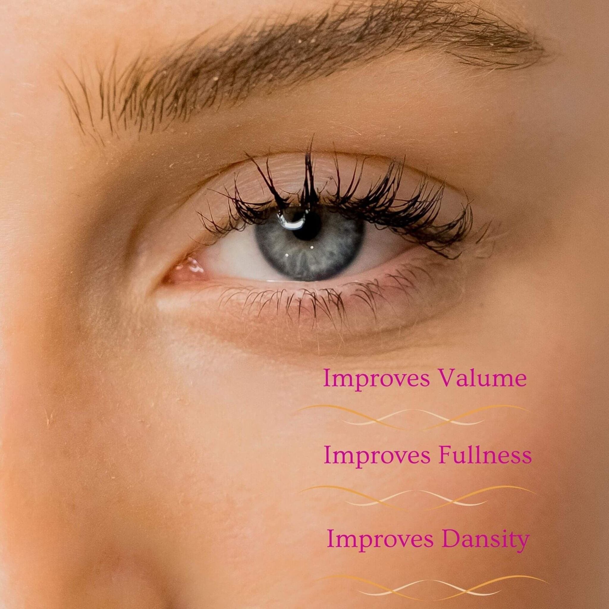 Close-up of an eye with text indicating improvements in eyelash volume, fullness, and density by My Health A-Z