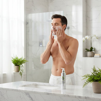 man applying  Botanical Cream Cleanser with a green label in front of mirror