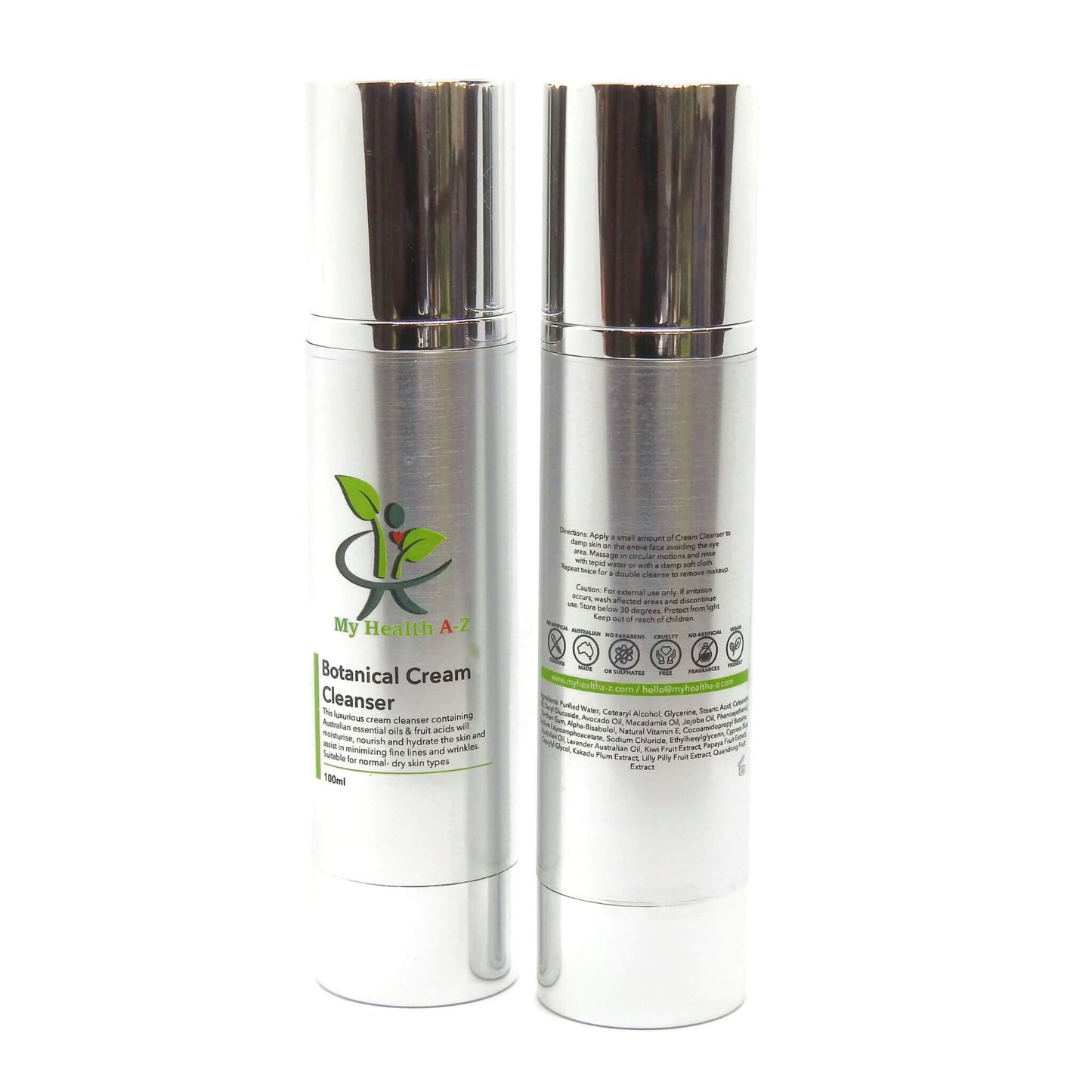Two bottles 'My Health A-Z' botanical cream cleanser on a white background