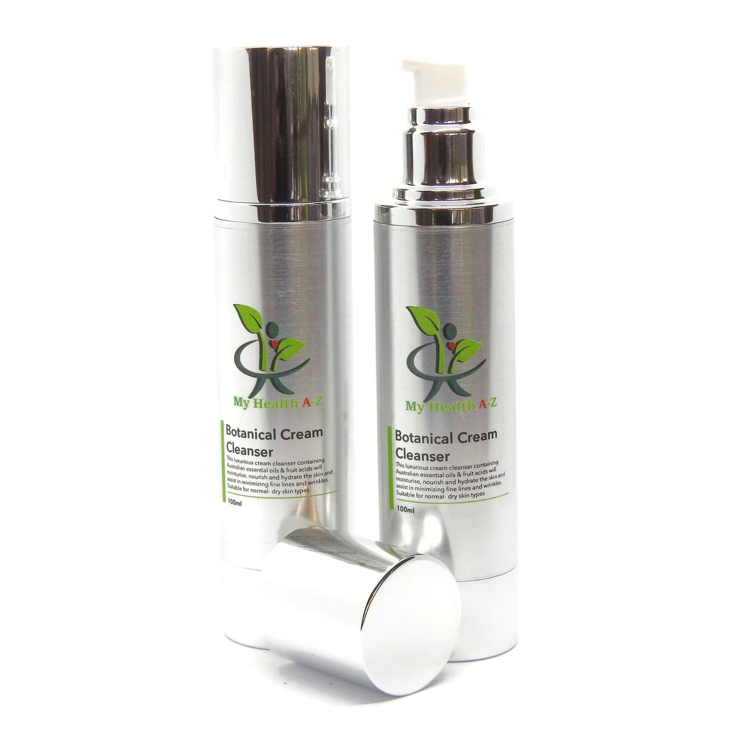 Two bottles of 'My Health A-Z' Botanical Cream Cleanser on a white background