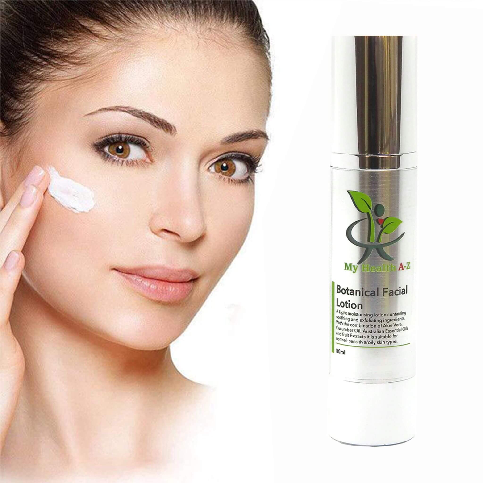 Woman applying facial lotion with a bottle of &