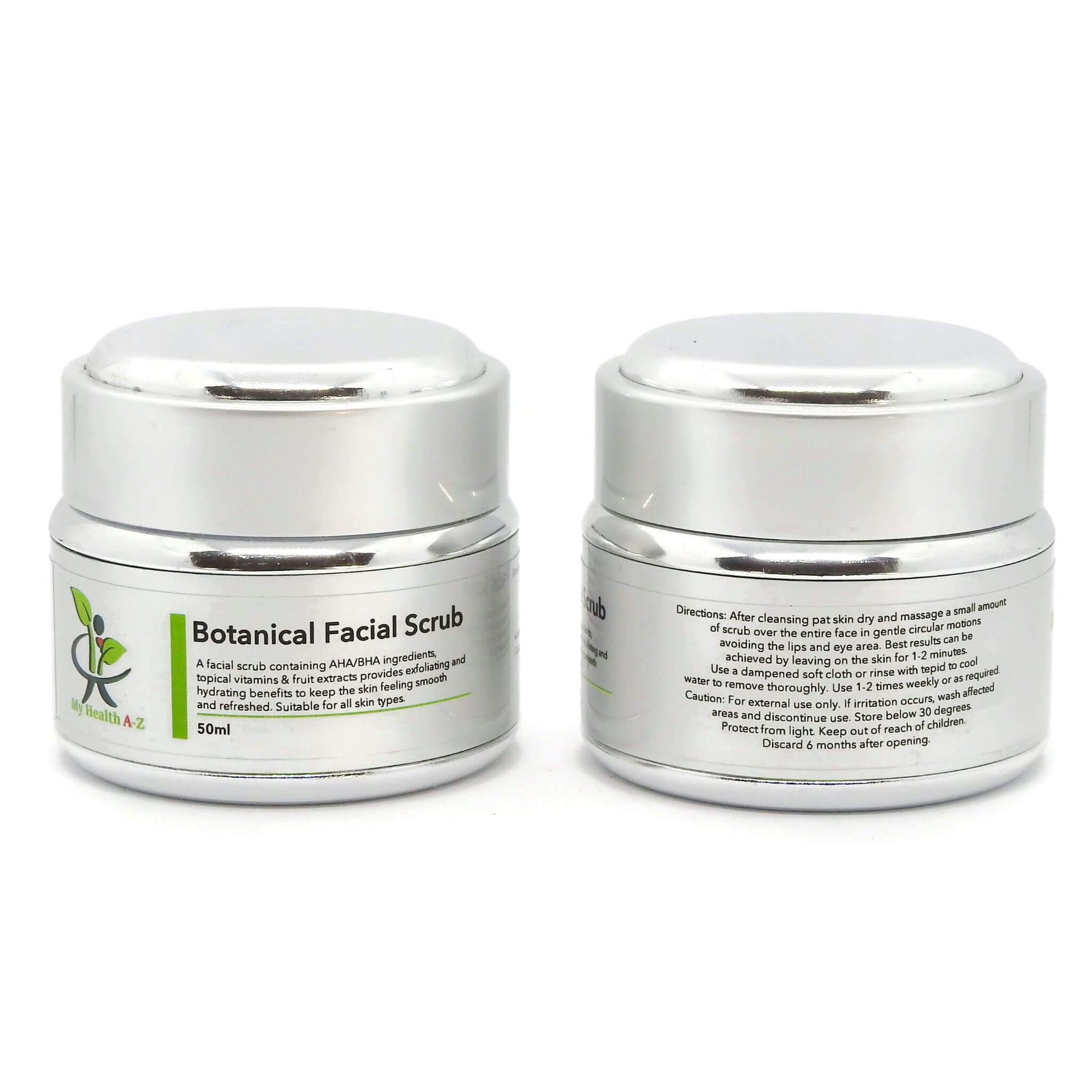 Two jars of 'My Health A-Z' Botanical Facial Scrub with labels on a white background