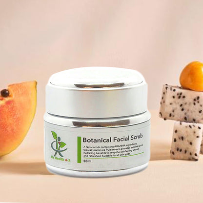 Jar of 'My Health A-Z' Botanical Facial Scrub with ingredients on a beige background