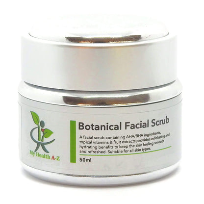 Jar of 'My Health A-Z' Botanical Facial Scrub with label on a white background