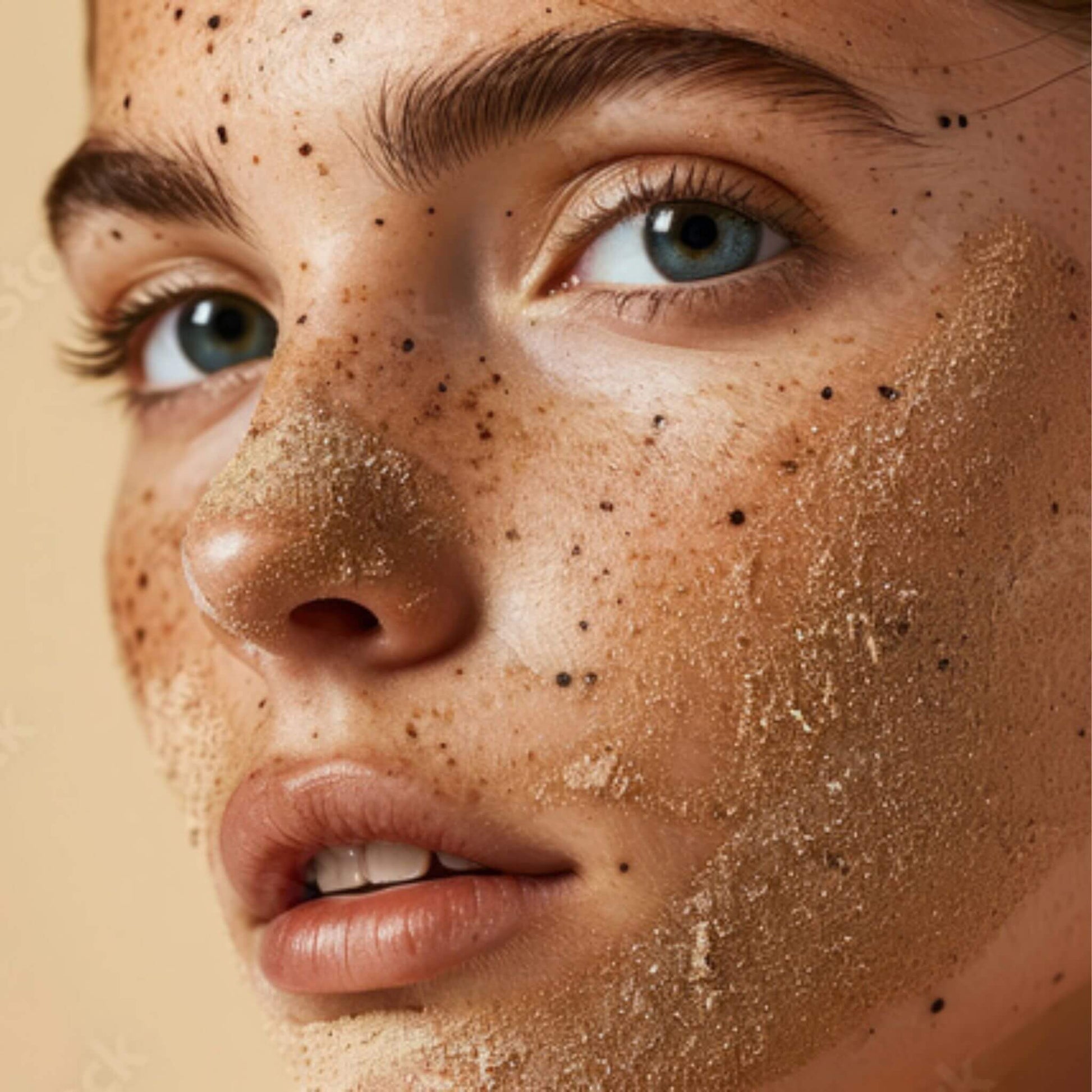 Close-up of a person's face with a beige background using 'My Health A-Z' facial scrub