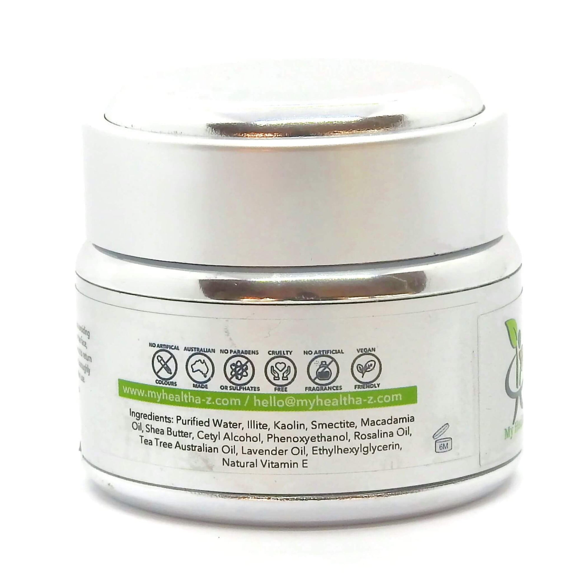Rear view of Jar of 'My Health A-Z' facial scrub with a white label on a white background