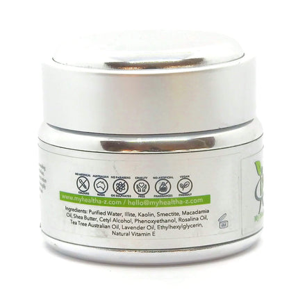 Rear view of Jar of 'My Health A-Z' facial scrub with a white label on a white background