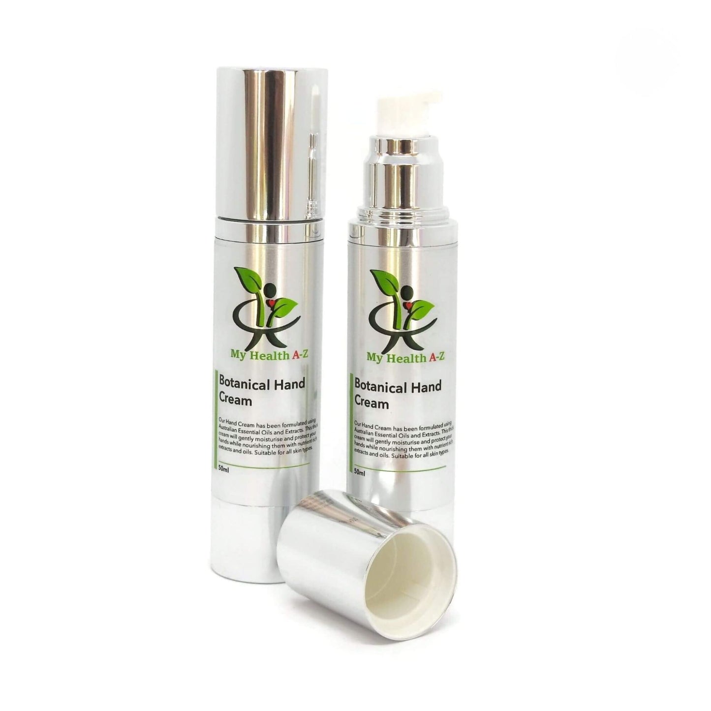 Two bottles of My Health A-Z Botanical Hand Cream on a white background