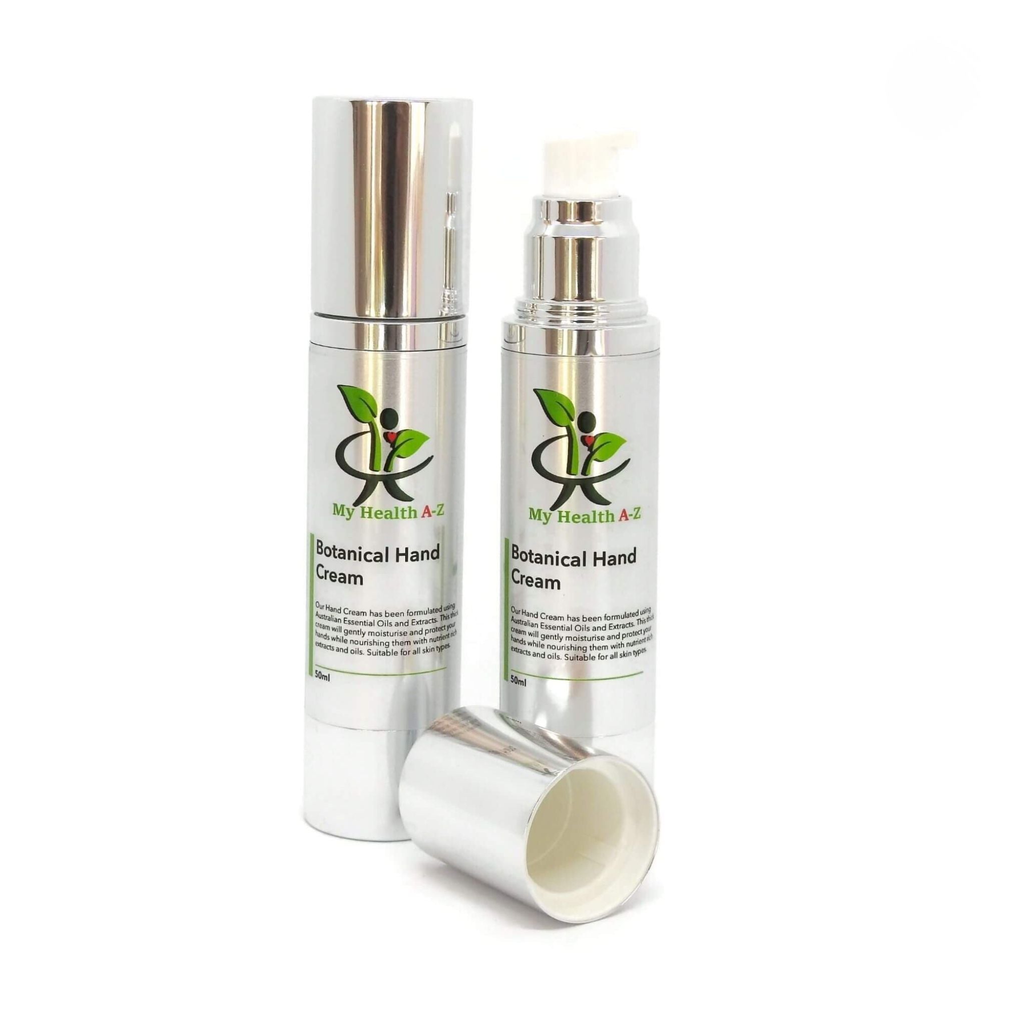 Two bottles of My Health A-Z Botanical Hand Cream on a white background