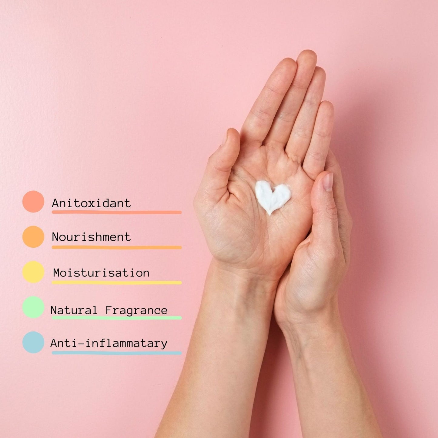Hands holding a heart-shaped hand cream with text on a pink background from My Health A-Z 