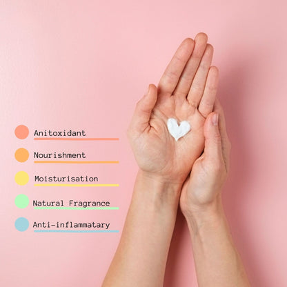 Hands holding a heart-shaped hand cream with text on a pink background from My Health A-Z 