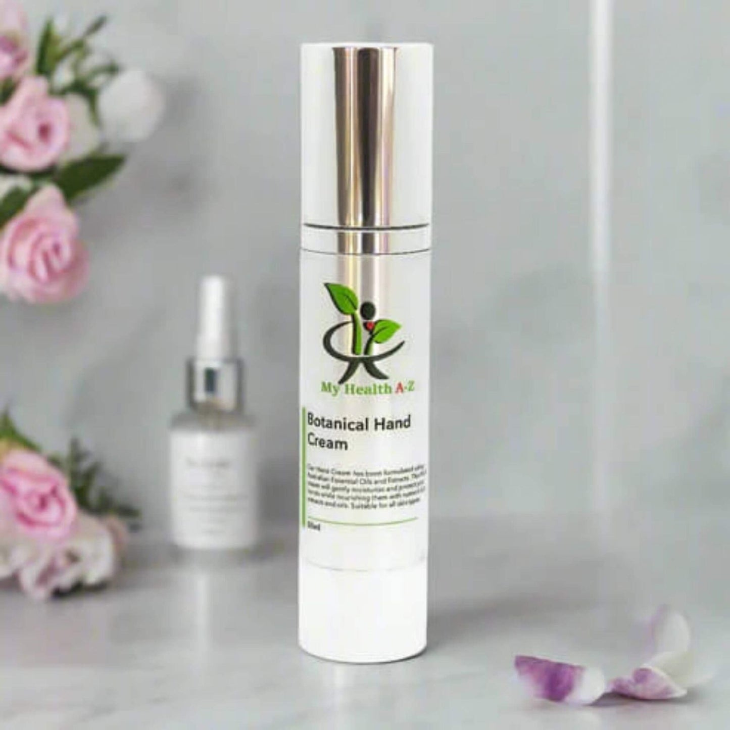 My Health A-Z Botanical hand cream with dropper bottle on a light background