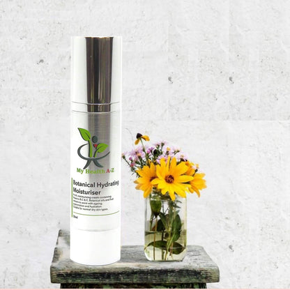 'My Health A-Z' botanical hydrating moisturiser with a vase of flowers on a textured surface