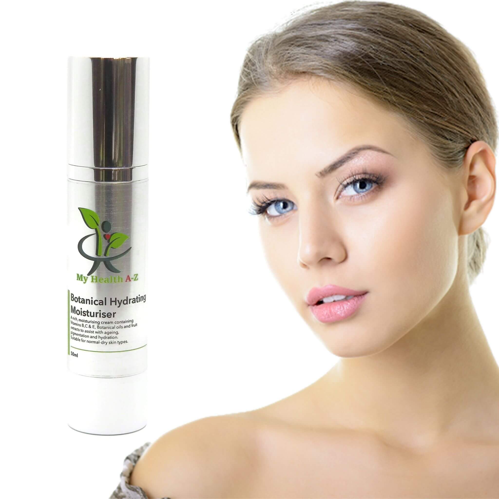 Woman with a close-up of her face and a bottle of &