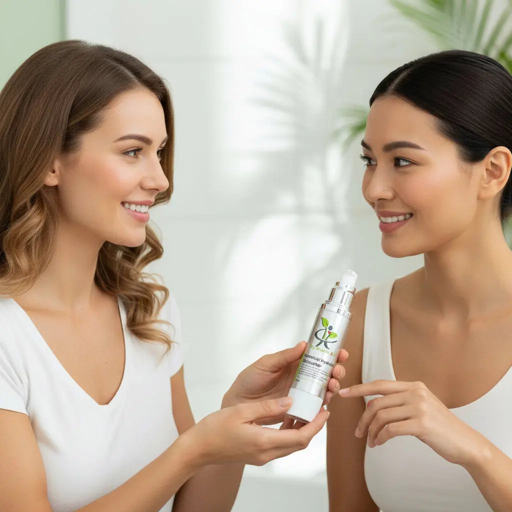 woman showing another woman a Skincare bottle labelled &