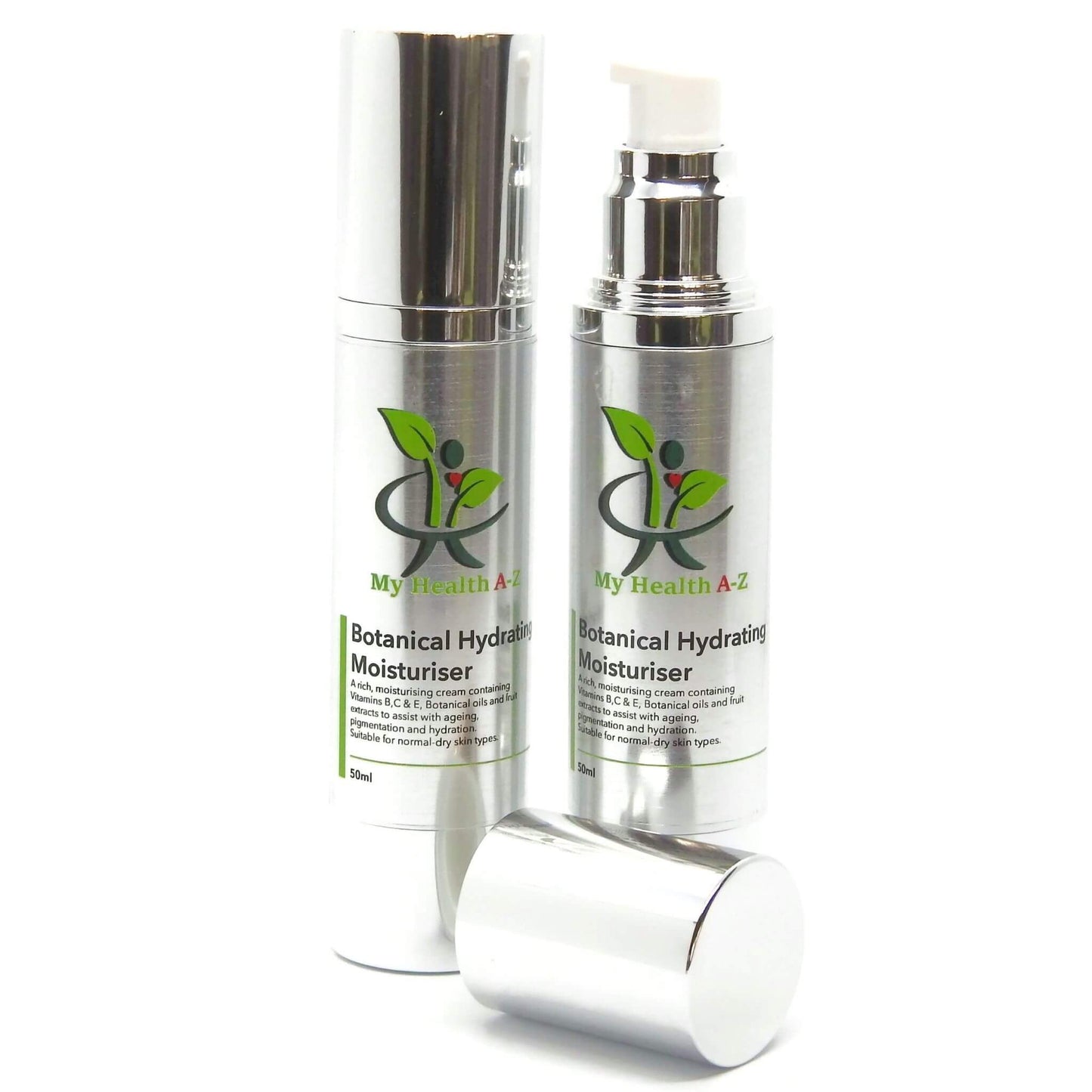 Two bottles of 'My Health A-Z' Botanical Hydrating Moisturiser on a white background