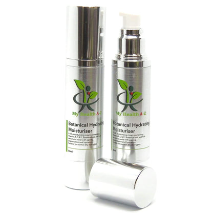 Two bottles of 'My Health A-Z' Botanical Hydrating Moisturiser on a white background