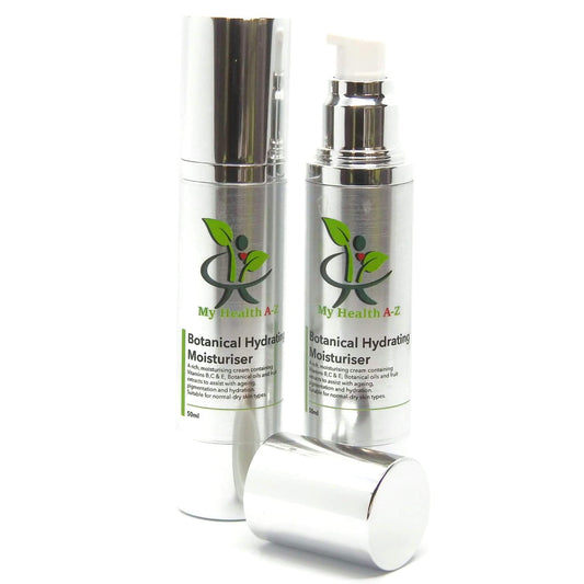 Two bottles of 'My Health A-Z' Botanical Hydrating Moisturiser on a white background