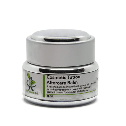 'My Health A-Z' Cosmetic tattoo aftercare balm jar with label on a white background