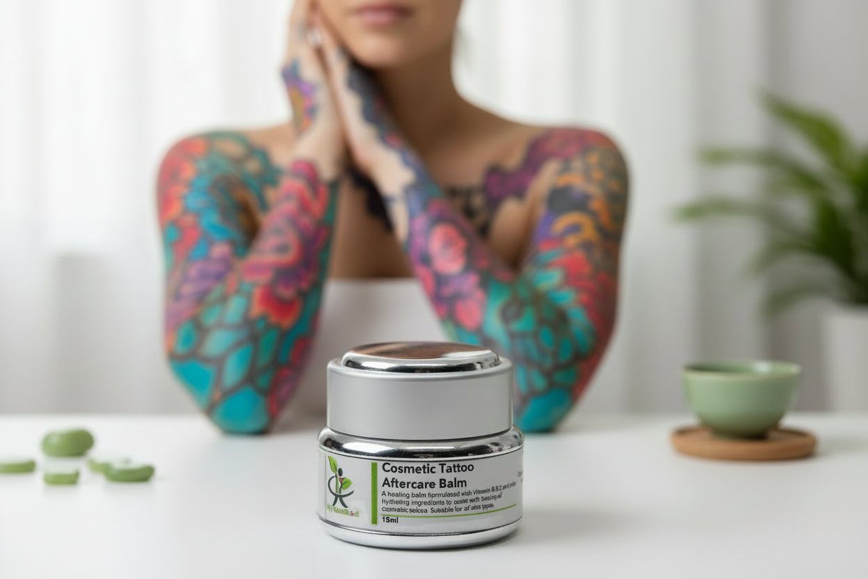 Cosmetic tattoo aftercare balm jar with label and a woman with tattoos in the background