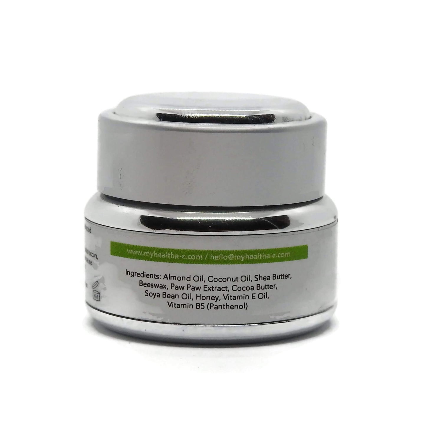 Silver jar of 'My Health A-Z' Tattoo balm on a white background