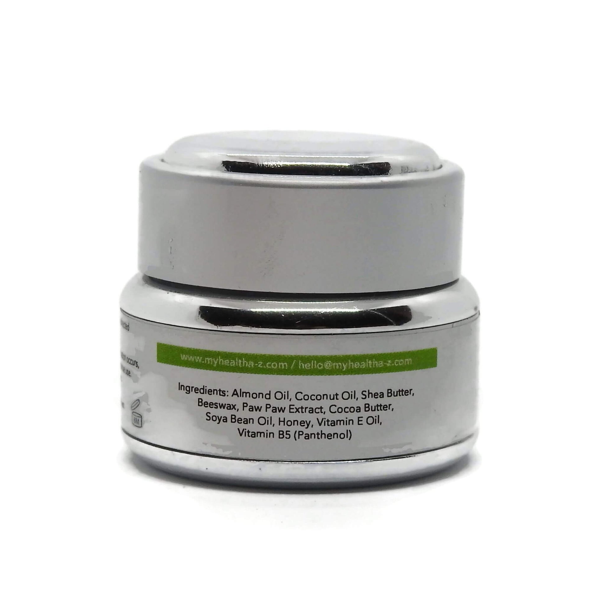Silver jar of 'My Health A-Z' Tattoo balm on a white background