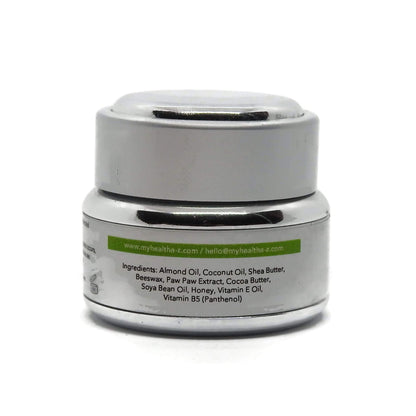 Silver jar of 'My Health A-Z' Tattoo balm on a white background