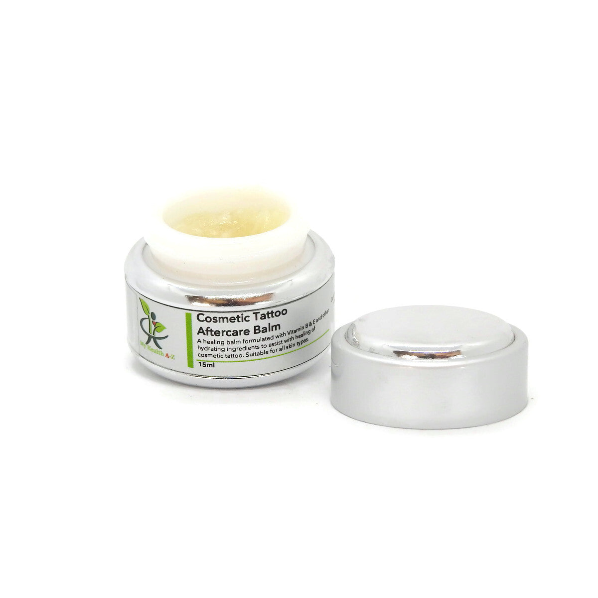 Cosmetic tattoo aftercare balm in a small jar with a white lid on a white background