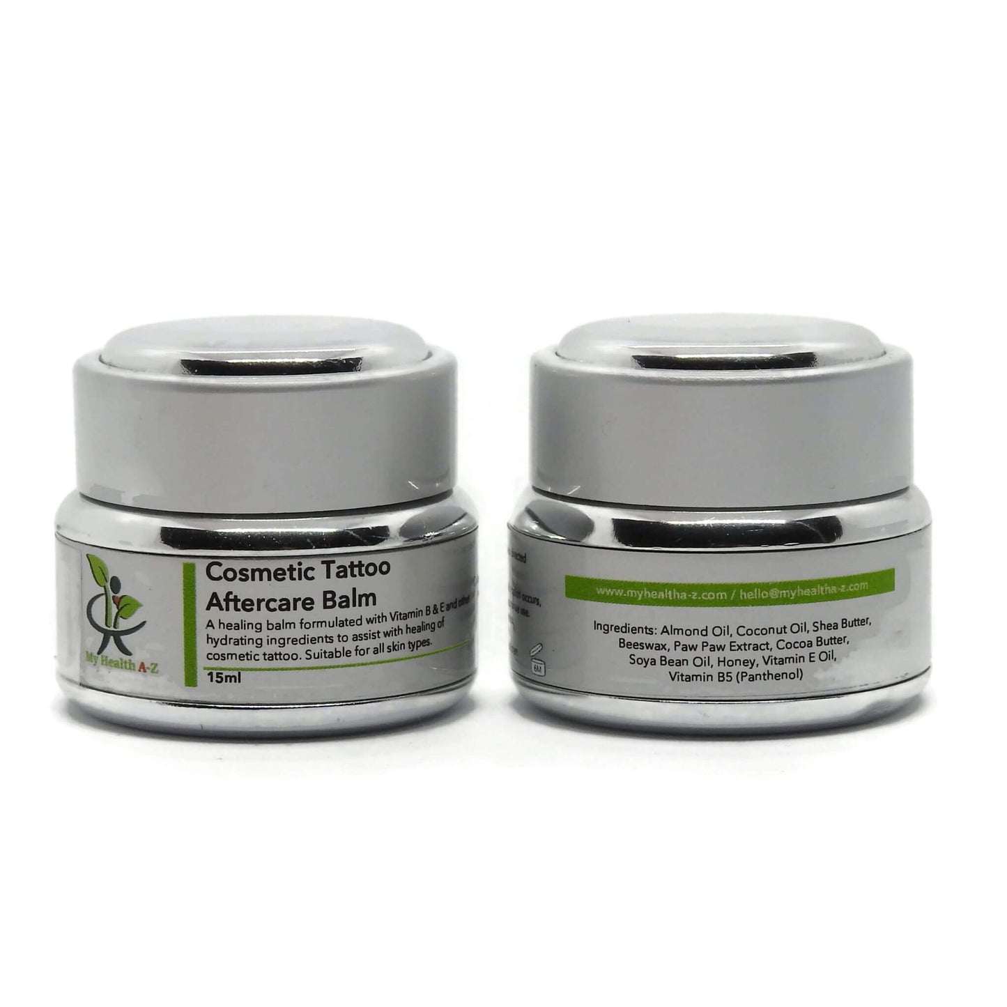 Two jars of 'My Health A-Z' cosmetic tattoo aftercare balm on a white background front and rear view