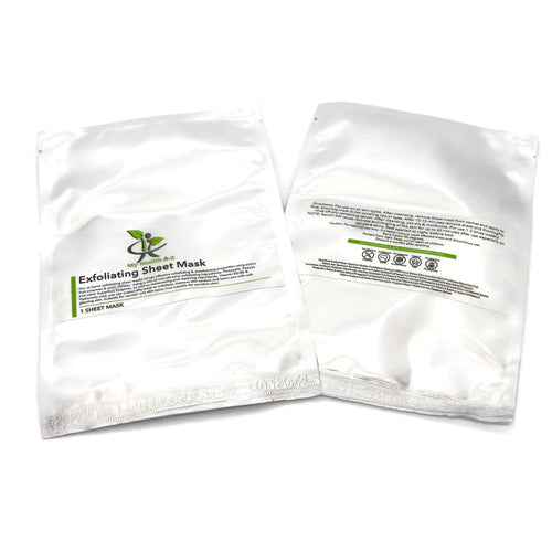 two exfoliating sheet mask on the left front view on the right rear view