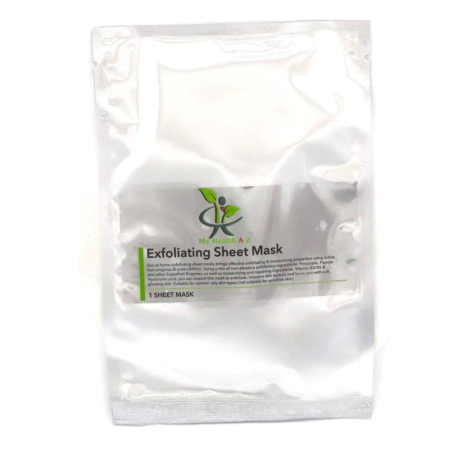 'My Health A-Z' Exfoliating sheet mask packaging with brand logo on a white background