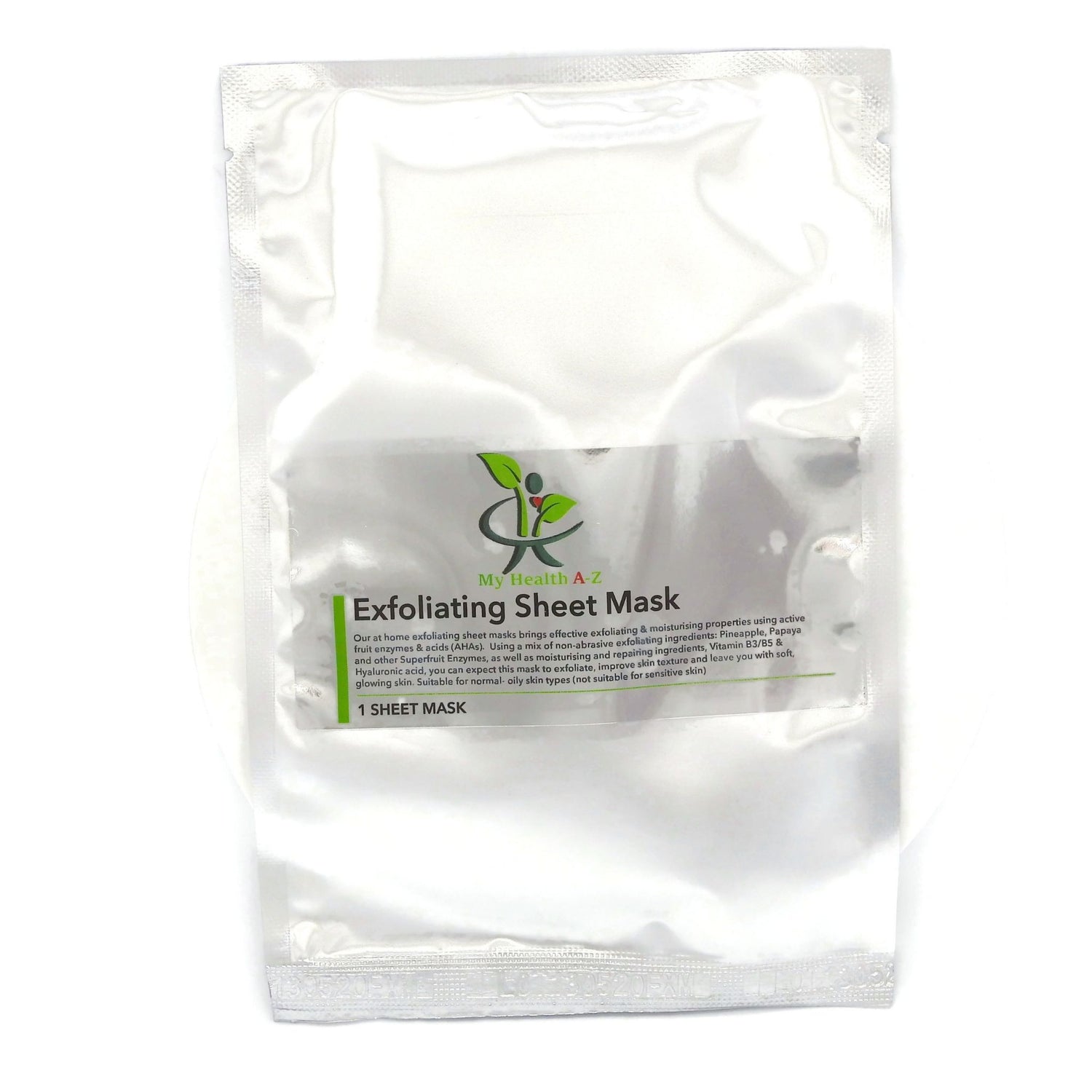 A single-use exfoliating sheet mask in a clear, resealable plastic pouch with a white label. The label features the brand name &