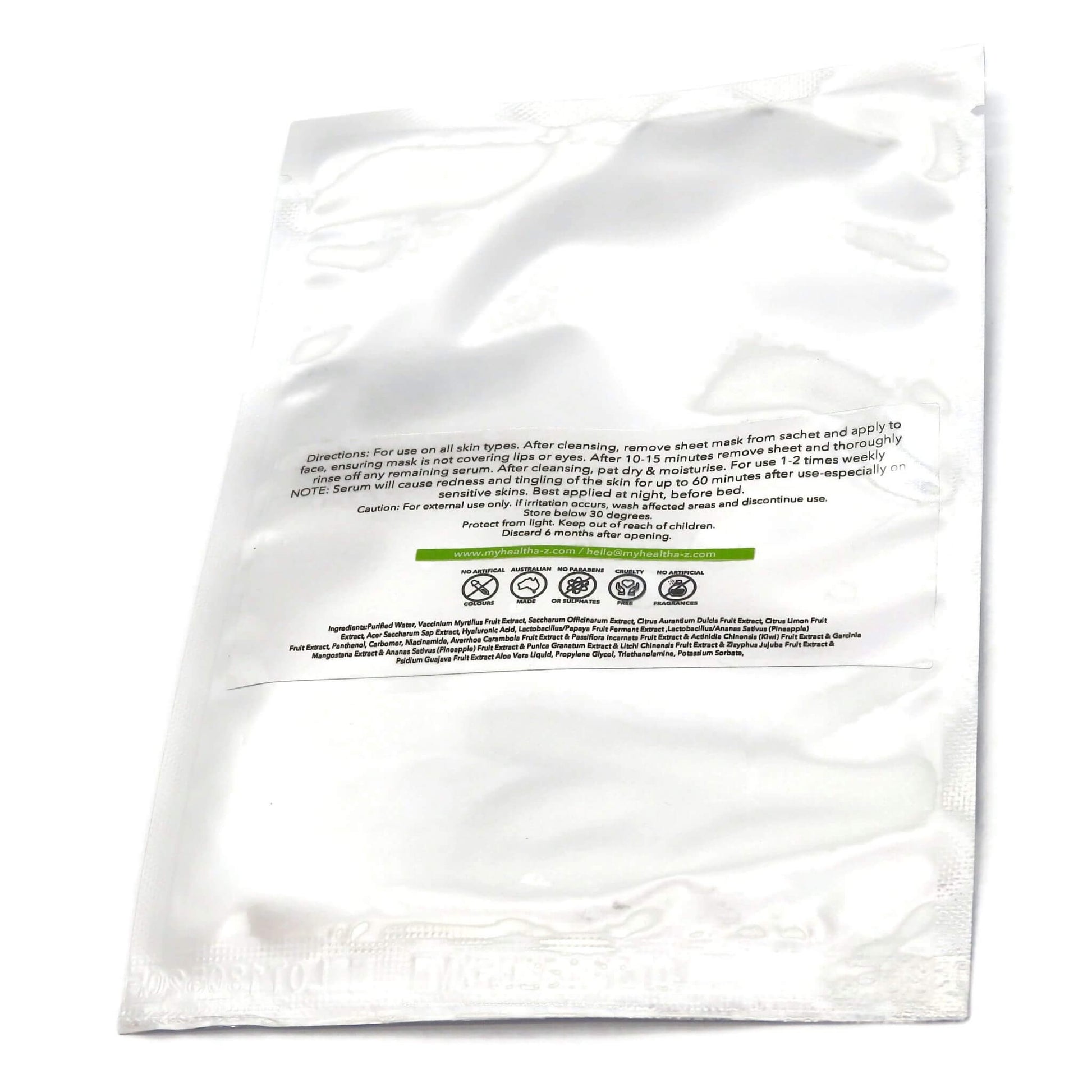 White 'My Health A-Z' exfoliating sheet mask packaging on a white background