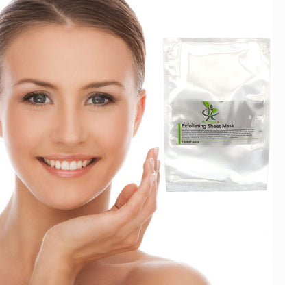 Woman with a bright smile holding her hand to her face next to an 'My Health A-Z' Exfoliating Sheet Mask packaging.