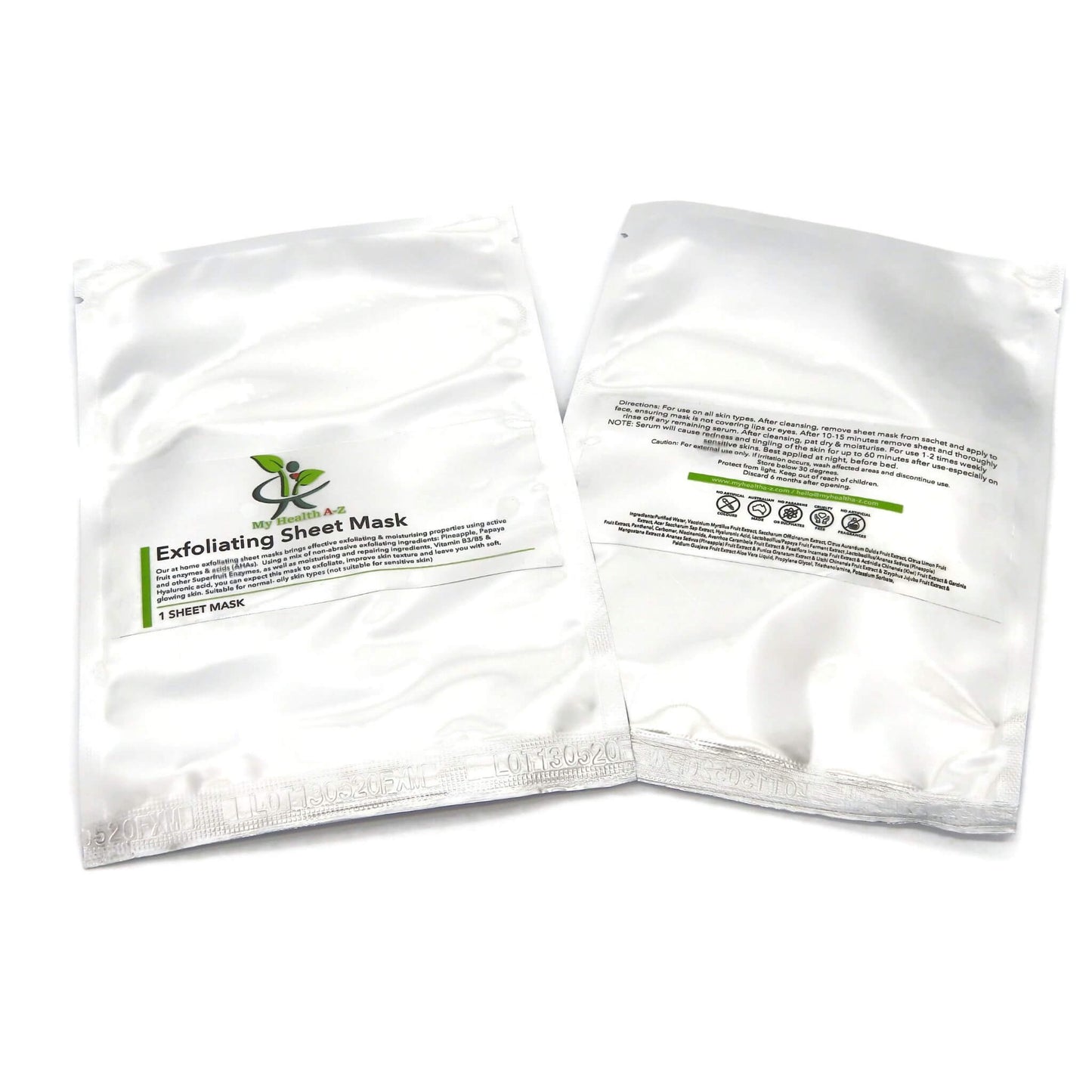 'My Health A-Z' Exfoliating sheet mask packaging with branding on a white background front and rear view