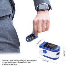 Load image into Gallery viewer, a man holding a finger pulse oximeter on the botten right the measurements of the device
