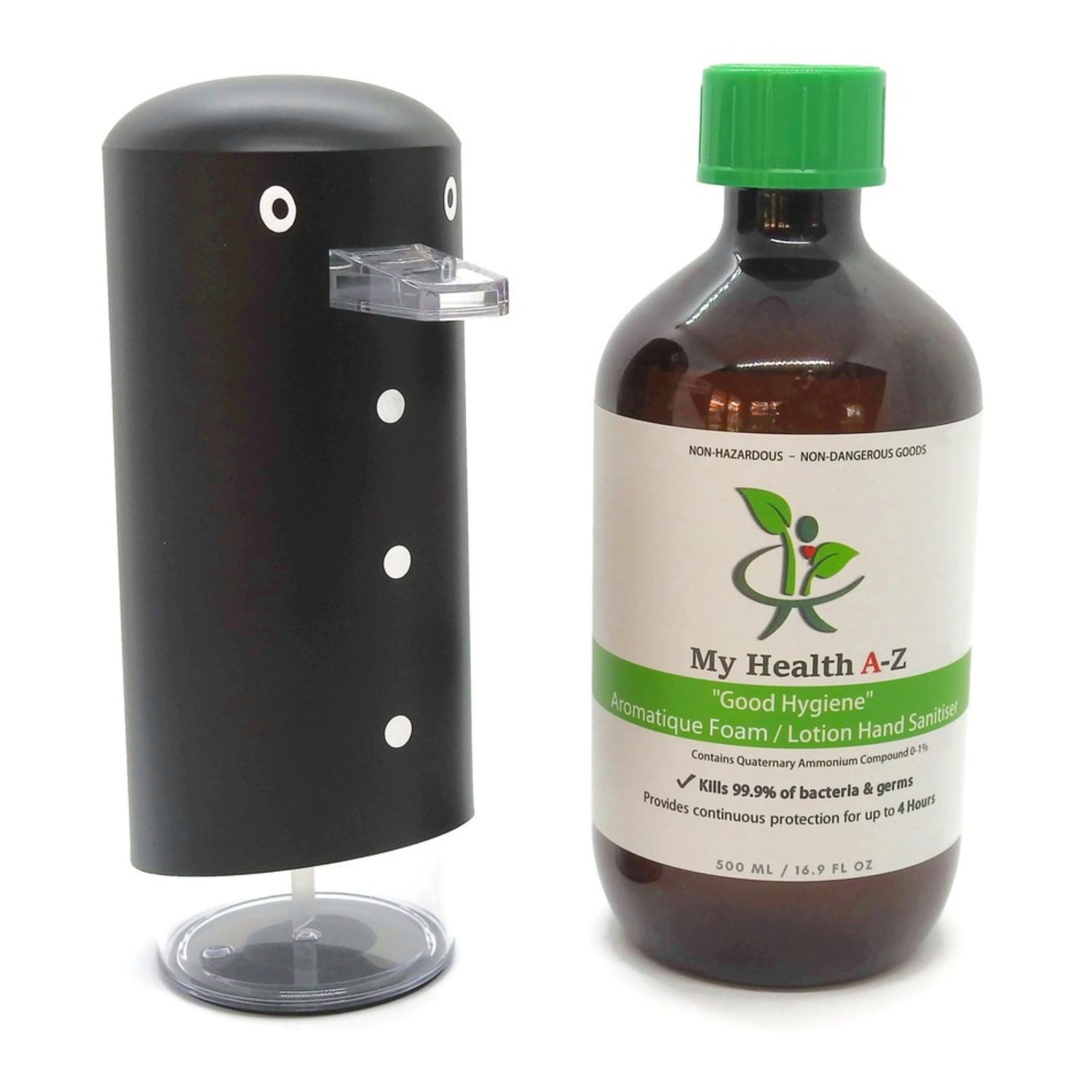 penguin foam dispenses and next to it a 500ml alocohol free hand sanitiser with green lid