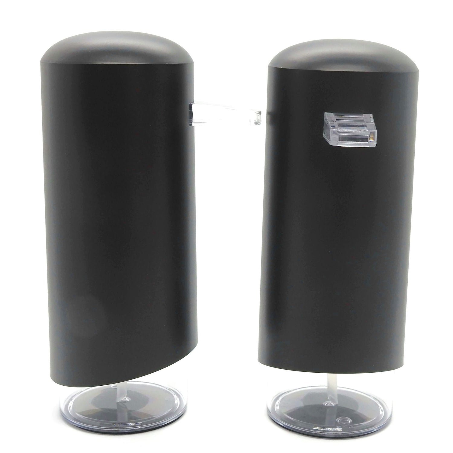 two black foam dispensers one side view and one front view
