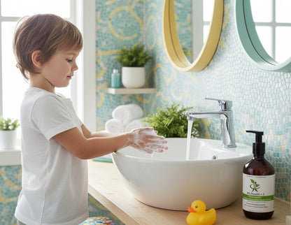 Boy washing hand with a Bottle of &