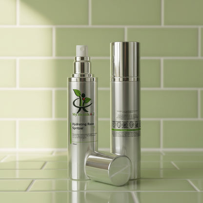 Two silver skincare bottles with green labels on a green tiled background