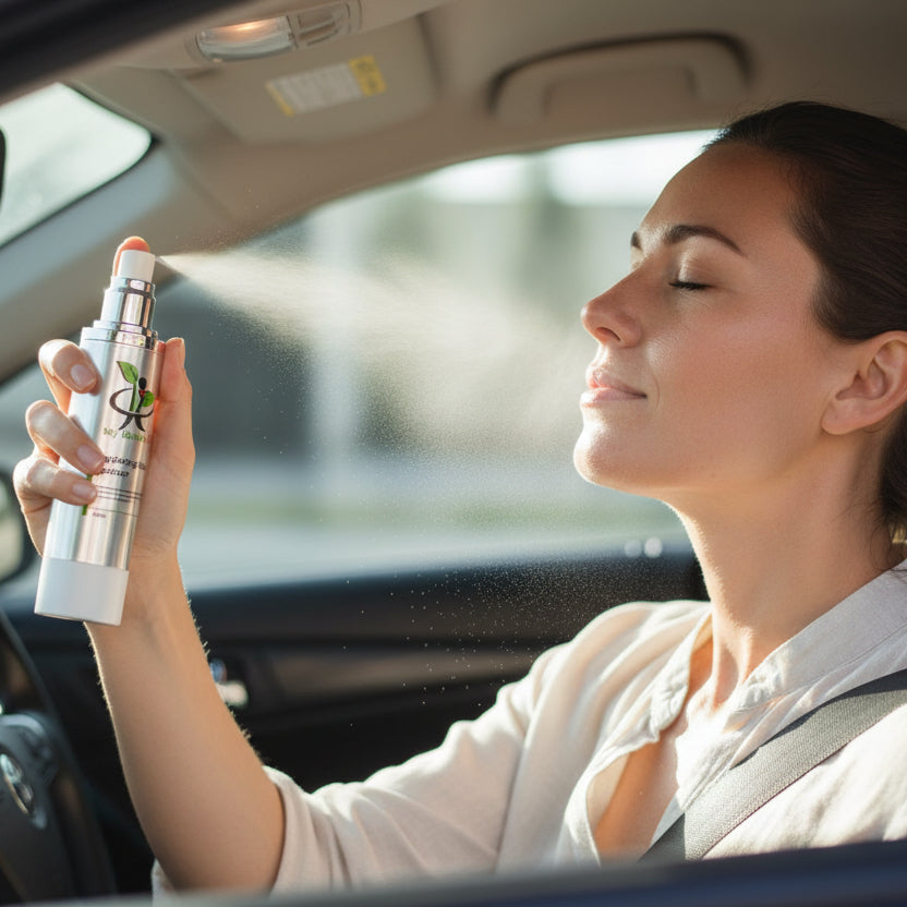 show a woman in a hot car applying My Health A-Z Hydrating Rose spritzer to cool down