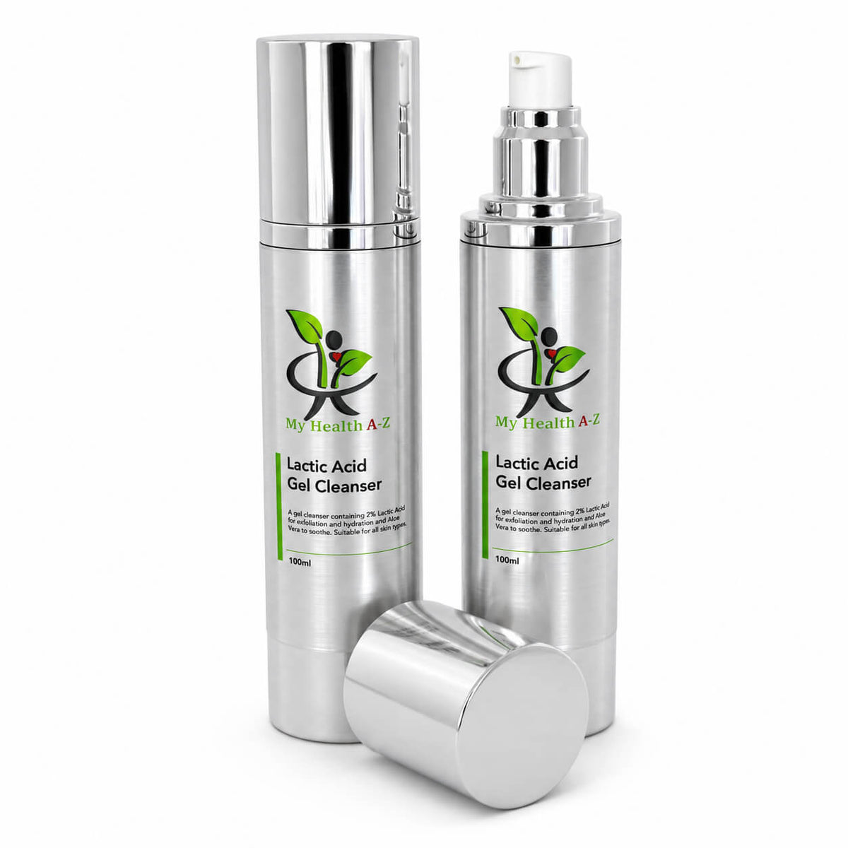 Two silver cylindrical bottles of My Health A &amp; Z Lactic Acid Gel Cleanser with a matching cap lying on its side, shown on a clean white background.