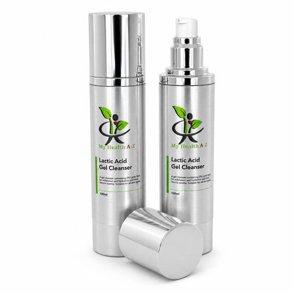 Two silver cylindrical bottles of My Health A &amp; Z Lactic Acid Gel Cleanser with a matching cap lying on its side, shown on a clean white background.
