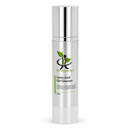 A 100ml silver cylindrical bottle of My Health A-Z Lactic Acid Gel Cleanser with a reflective metallic cap, set against a plain white background.