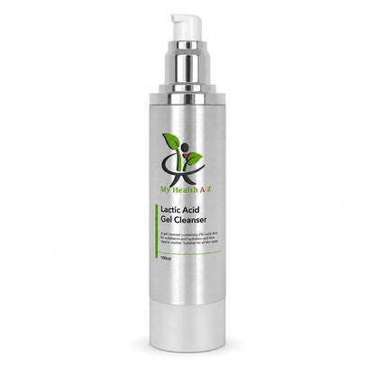A 190ml pump bottle of My Health A-Z Lactic Acid Gel Cleanser, featuring a metallic silver body with a white pump dispenser and a green logo on the front label.
