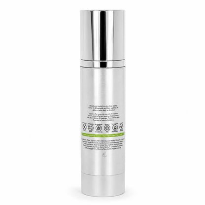 A tall, cylindrical silver metallic cosmetic bottle with a matching cap, shown from the back against a plain white background.