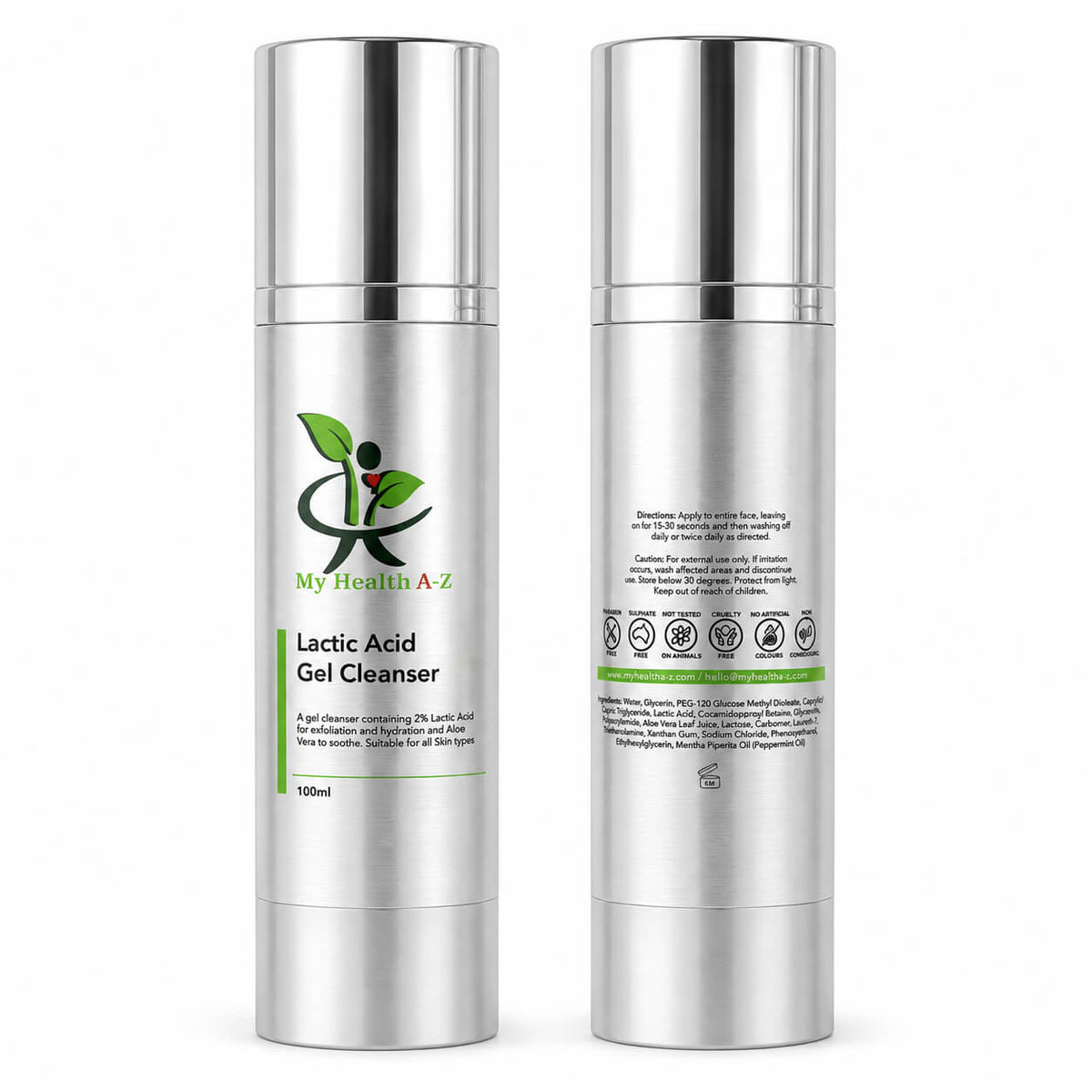 Two silver cylindrical bottles of My Health A-Z Lactic Acid Gel Cleanser are shown on a white background, with the front label visible on the left bottle and the back text panel visible on the right bottle.